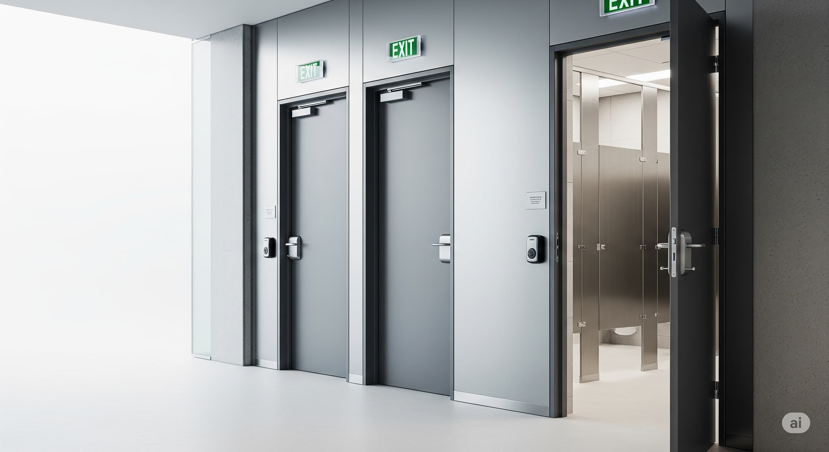 Commercial steel doors and frames in an office building, inside of an open door are bathroom partitions